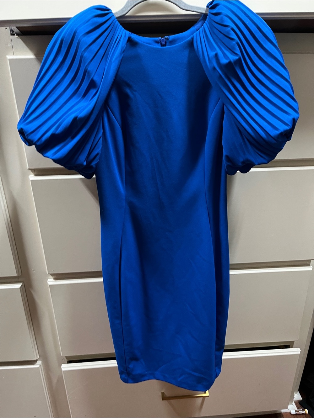 Calvin Klein Elegant Royal Blue Pleated Puff-Sleeve Sheath Dress